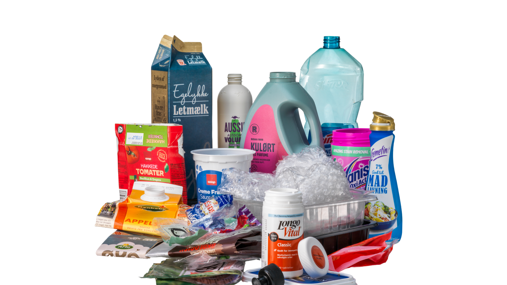 Plast og Mad- & Drikkekartoner: Tomme flasker shampoo og skyllemiddel, tomme bøtter fra vitaminpiller og tomme kartoner fra mælk, juice og lignende