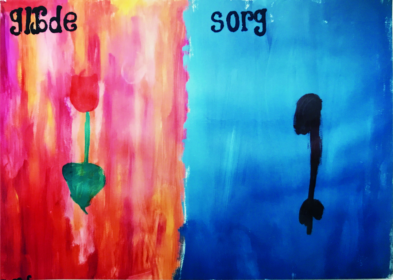 Maleri med blomster der udtrykker sorg - malet af barn