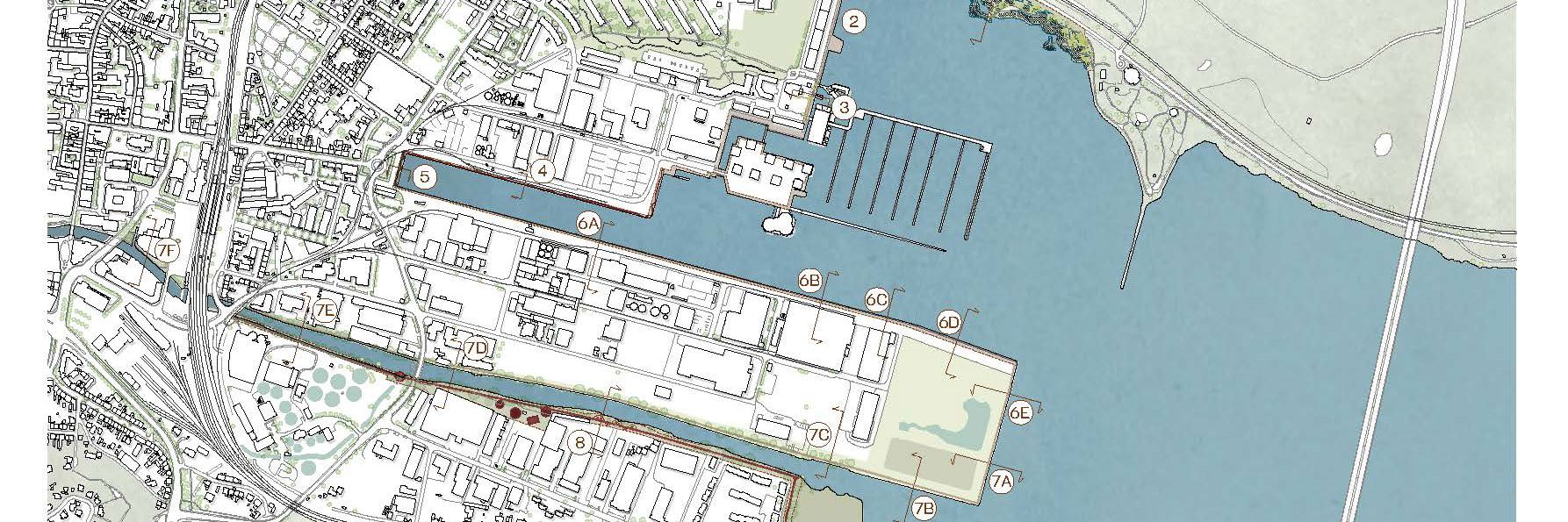 Oversigtsplan for kommunalt fællesprojekt til stormflodsbeskyttelse af Vejle midtby