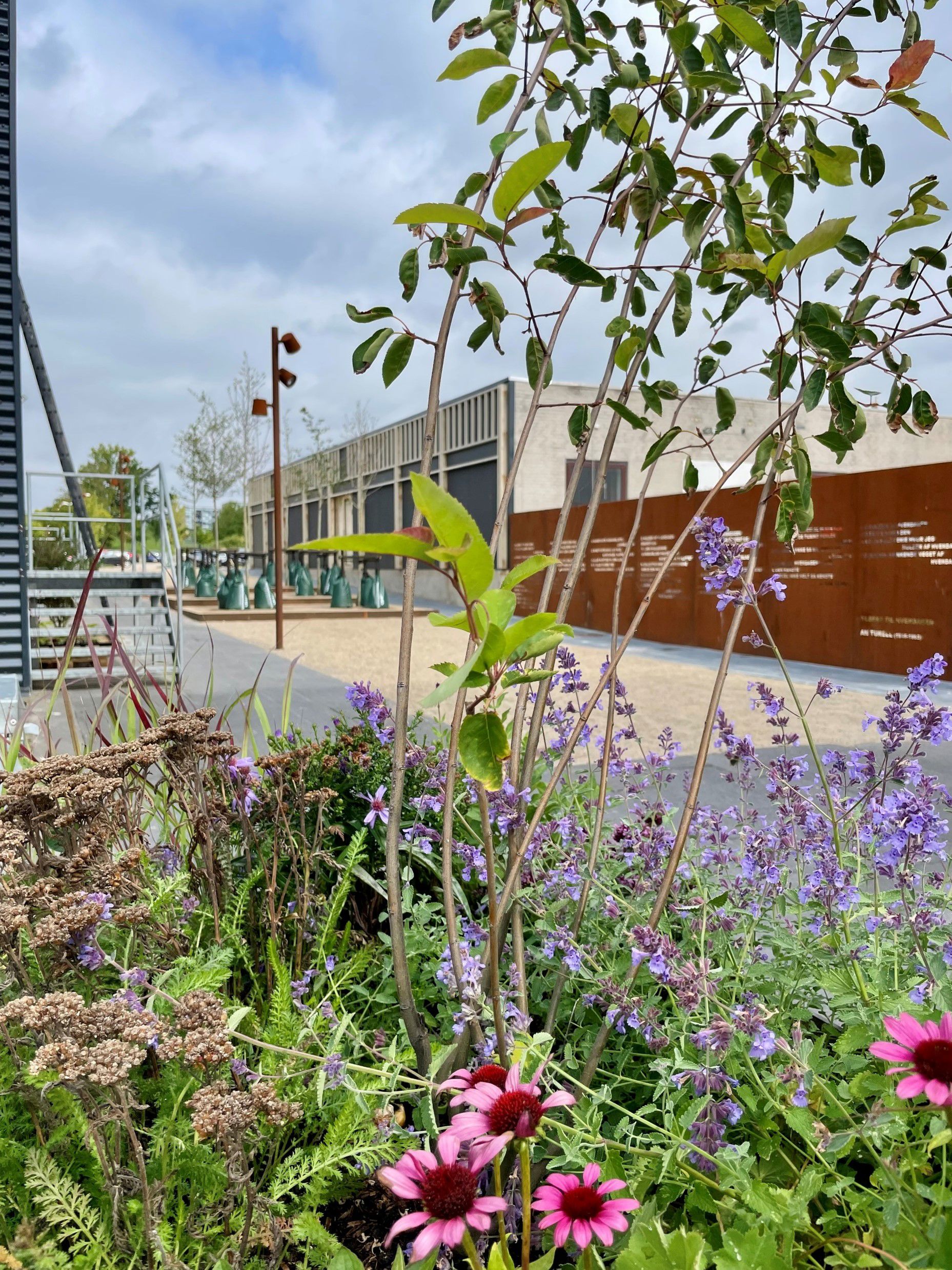 Nørremark Center med blomsterkrukke i forgrunden og centeret i baggrunden