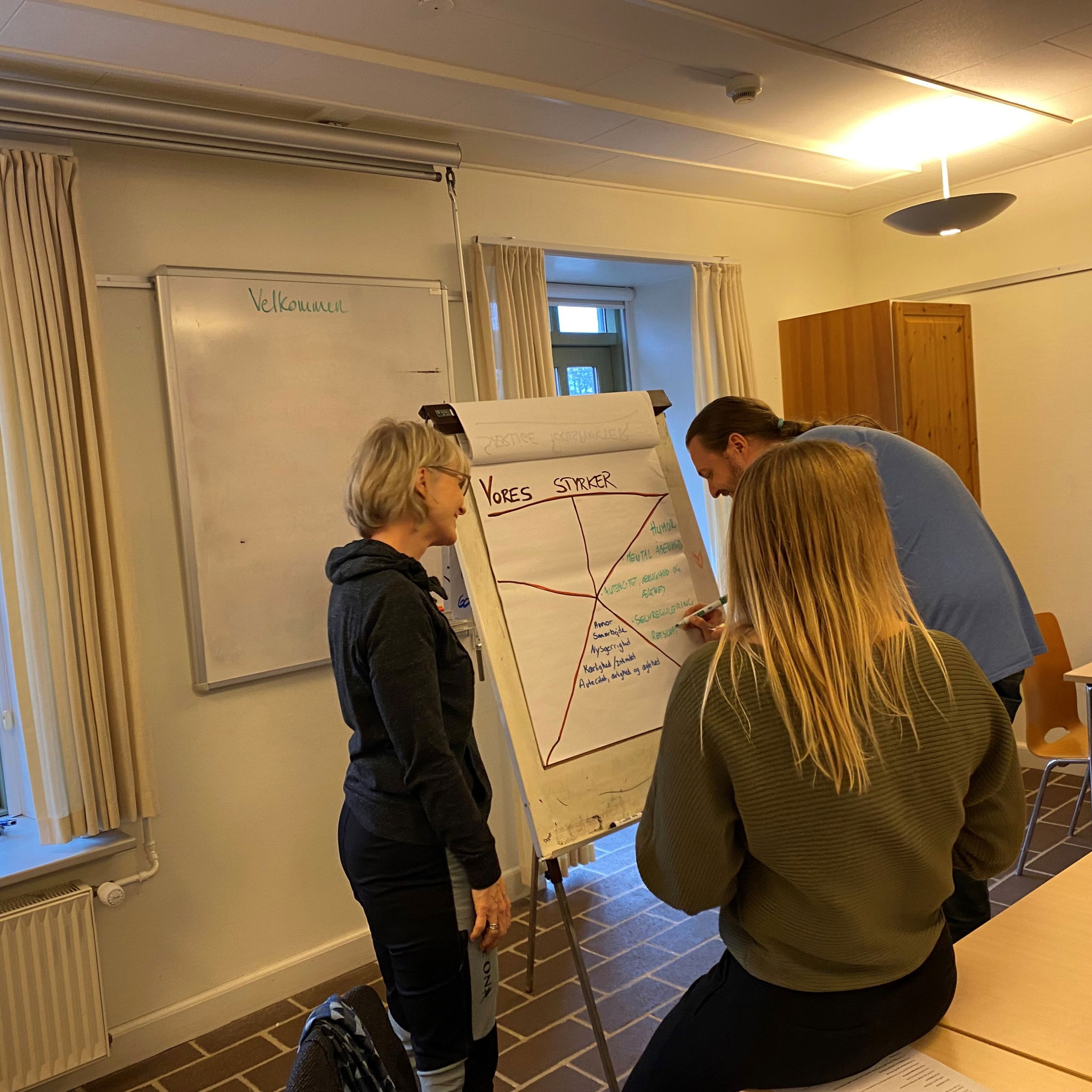 Elever og uddannelseskoordinator Charlotte Samson laver proces på en flipover