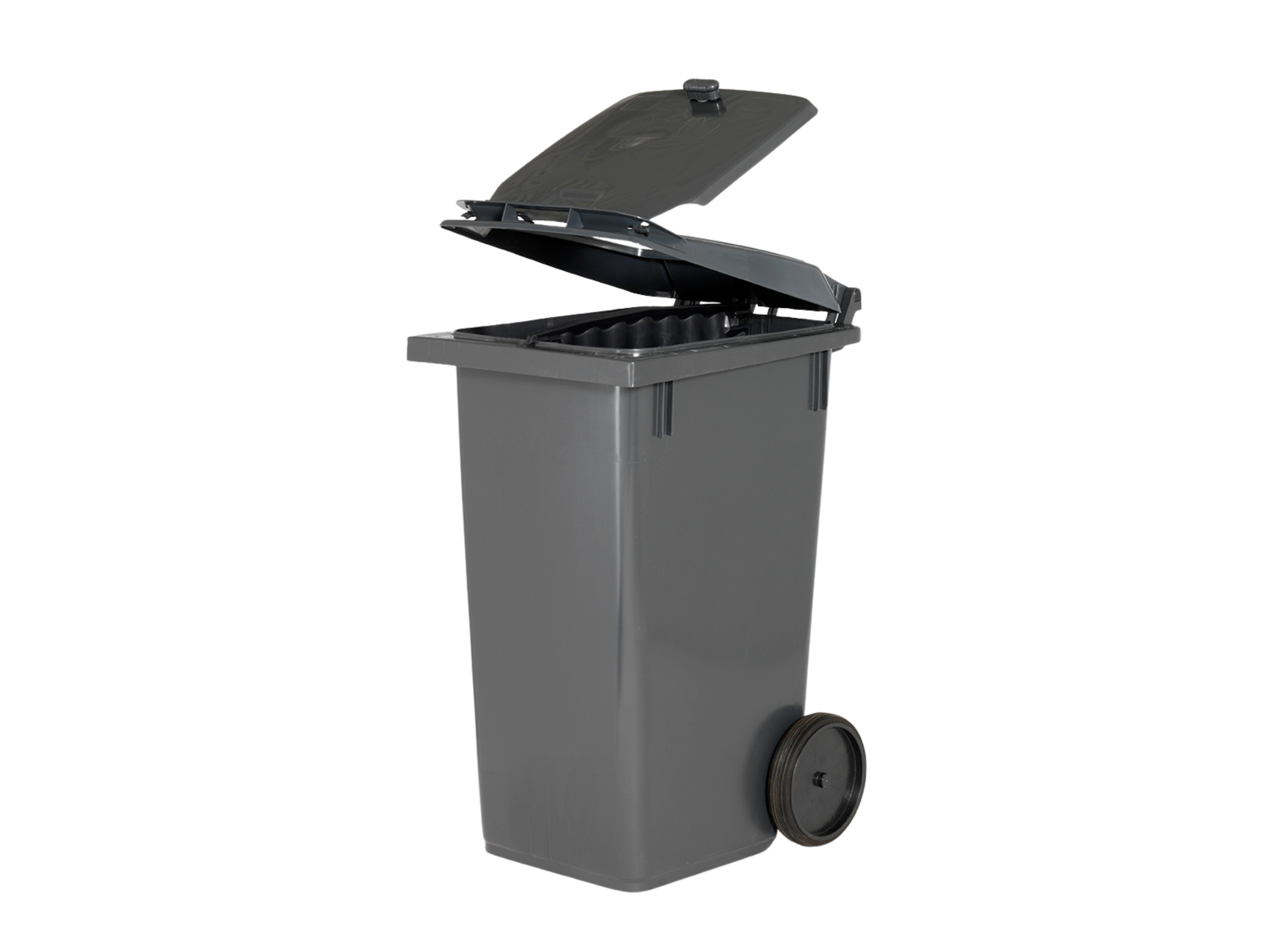 Grå affaldsbeholder med låg-i-låg-løsning, hvor det øverste låg er åbent, og det indvendige låg kan åbnes fra begge sider. Designet gør det lettere at smide affald i beholderen uden at skulle vende den på tømmedagen.
