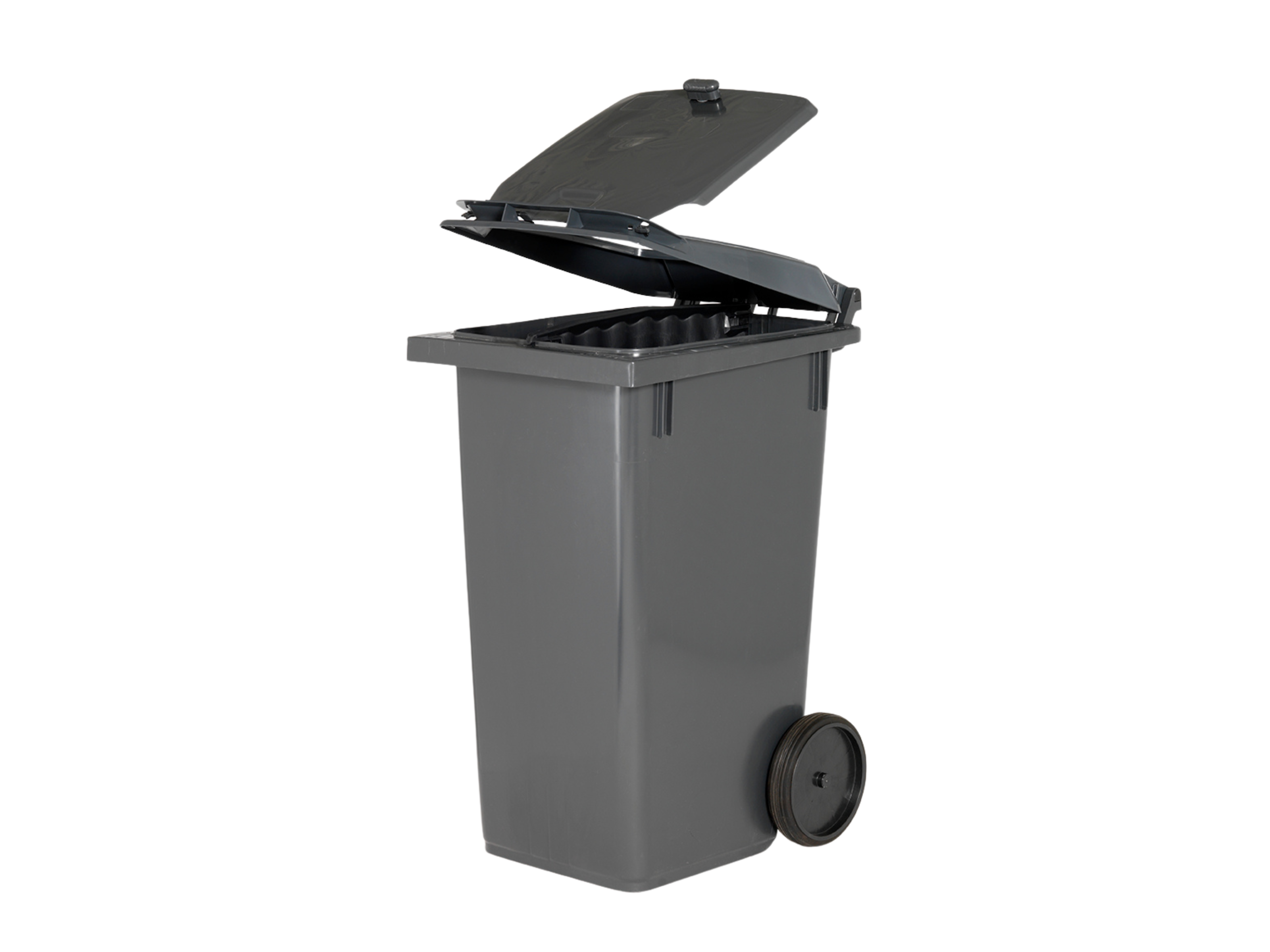 Grå affaldsbeholder med låg-i-låg-løsning, hvor det øverste låg er åbent, og det indvendige låg kan åbnes fra begge sider. Designet gør det lettere at smide affald i beholderen uden at skulle vende den på tømmedagen.