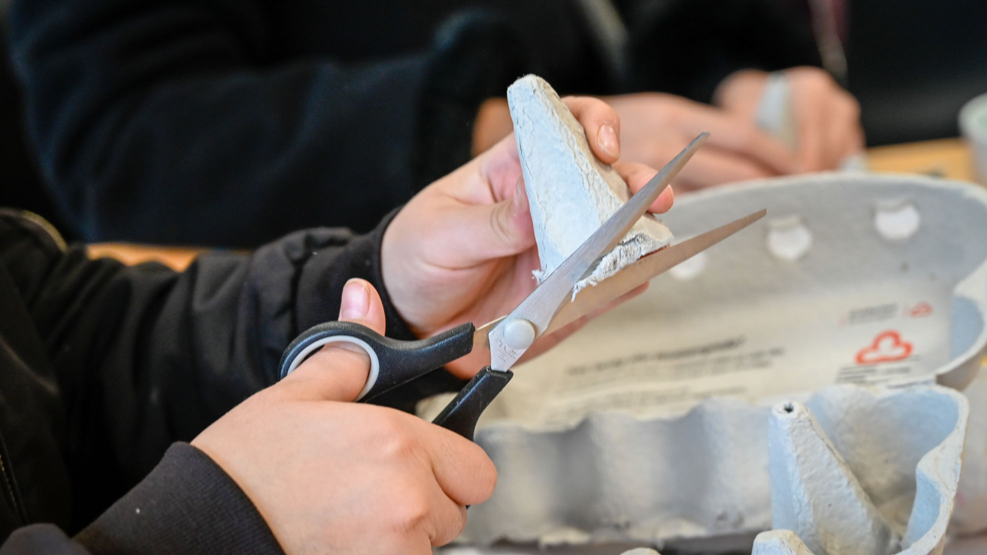 Person iført sort sweatshirt klipper i æggebakker ved et arbejdsbord i Laboratoriet på RCV.