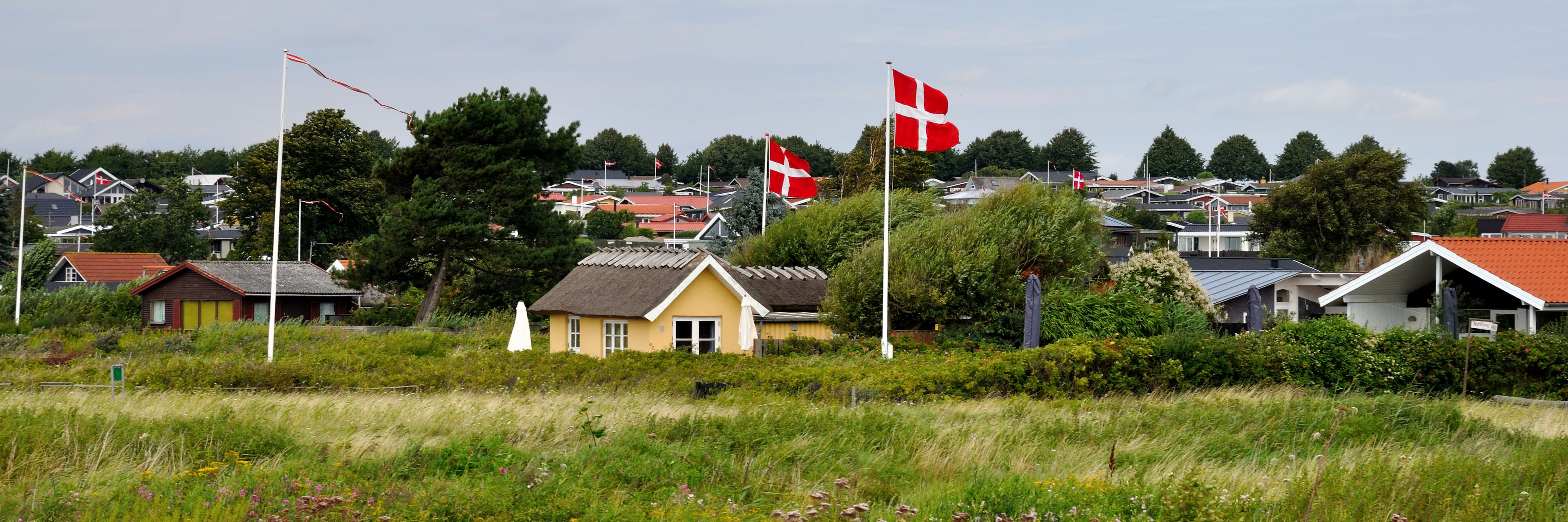 ommerhusområde med grønne enge i forgrunden og flere små huse omgivet af træer og buske. Flere flagstænger med danske flag blafrer i vinden under en delvist skyet himmel.