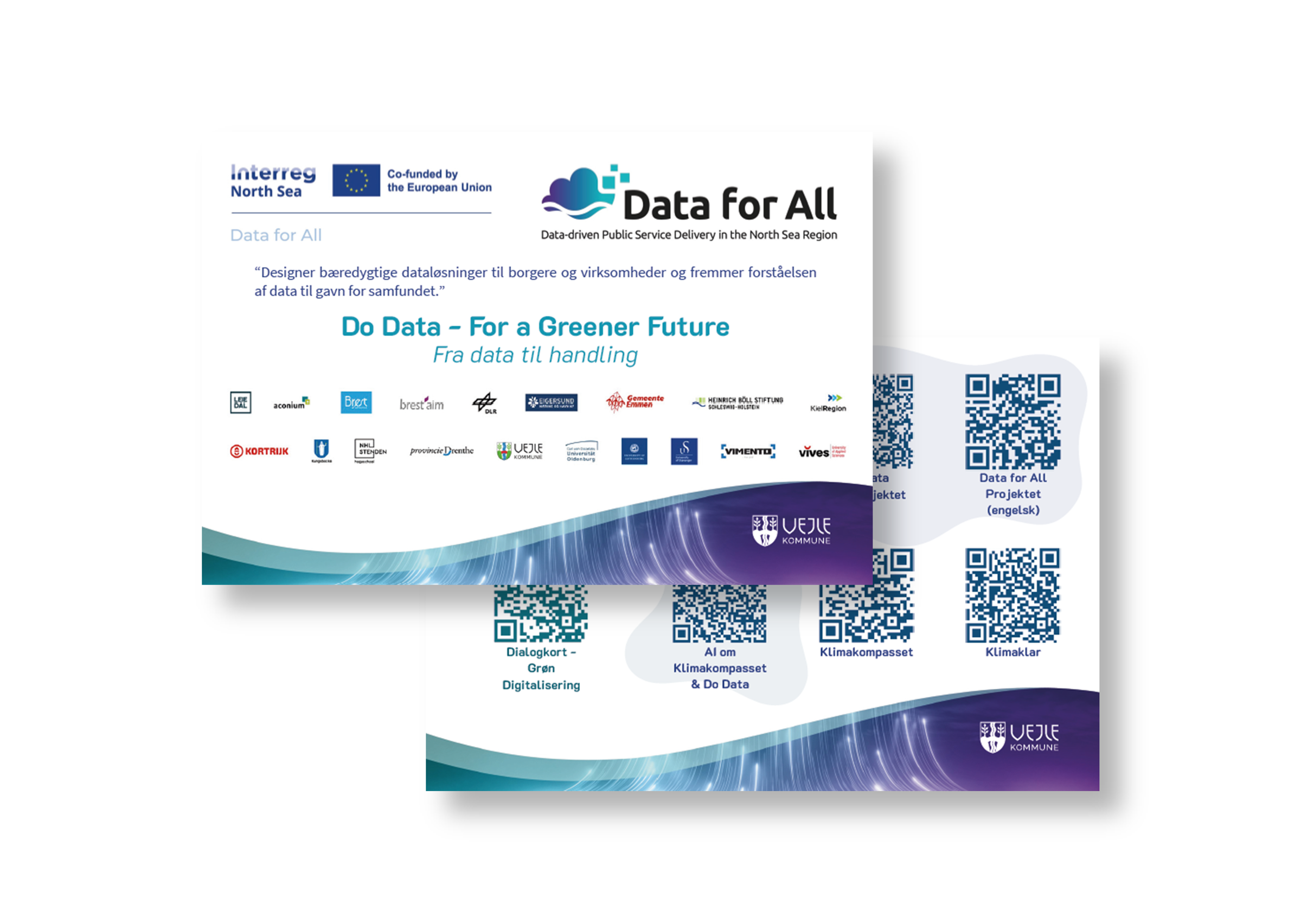 Viser et infokorts for- og bagside i postkortformat. Forsiden indeholder Interreg NSR og Data for All logo og teksten: Designer bæredygtige dataløsninger til borgere og virksomheder og fremmer forståelsen af data til gavn for samfundet. Do data - for a Greener Future. Fra data til handling. Nederst vises alle projektpartneres logoer. Bagsiden viser nogle QR-koder.