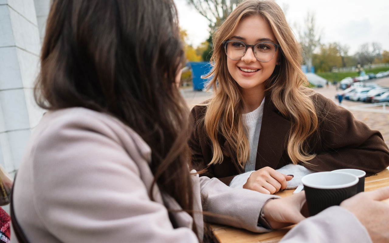 To unge i samtale med kaffekrus