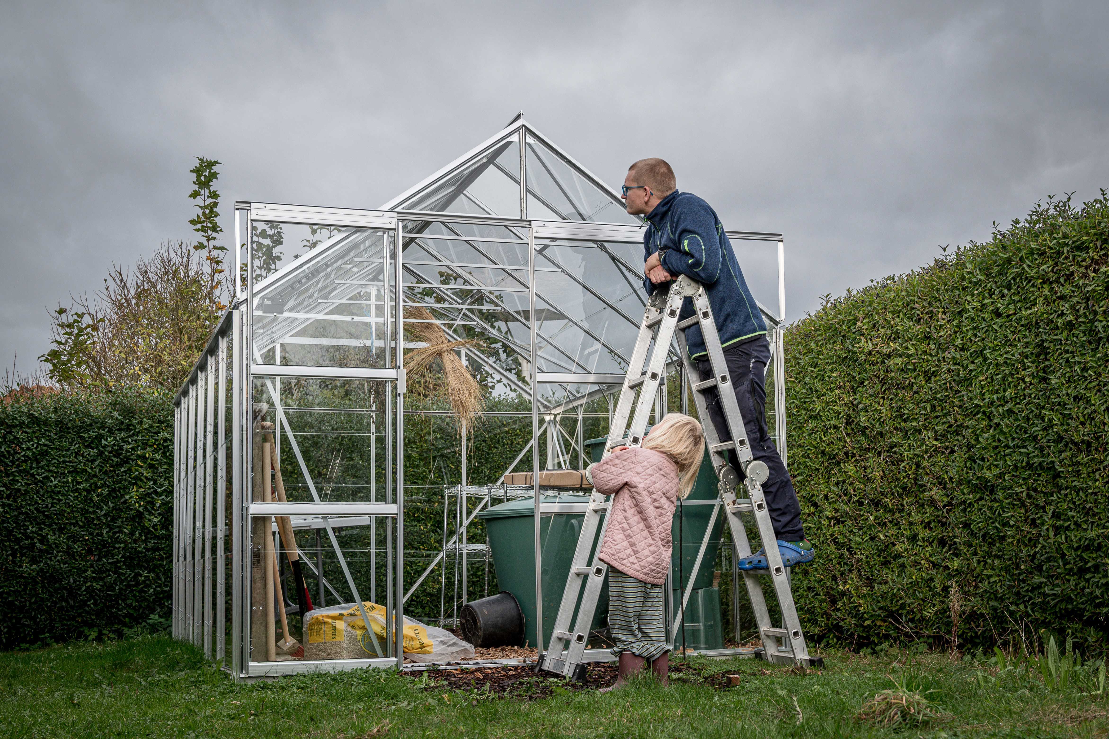 Rasmus står på stigen, som han har lånt fra fællesskuret, og er i gang med at kigge på drivhuset. Ved siden af står hans datter og kigger på.