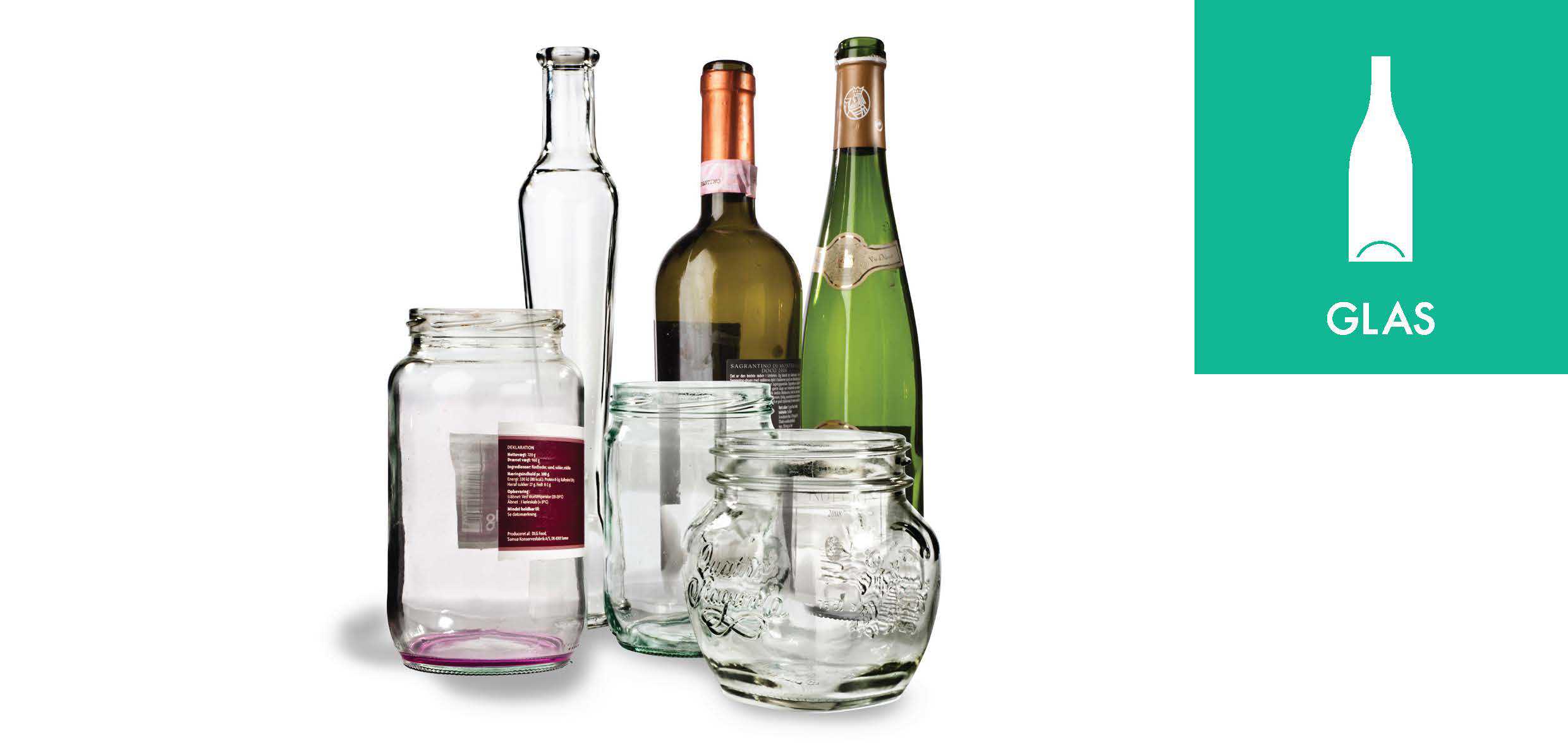 Tomme vinflasker og syltetøjsglas sammen med piktogrammet for glas-affald,