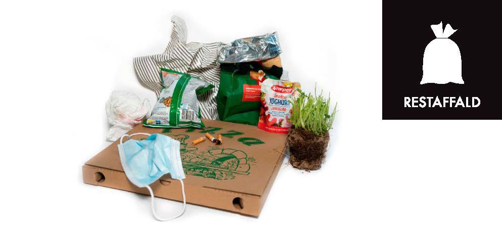 En brugt pizzabakke med madrester, cigaretskod, gavepapir og mundbind sammen med piktogrammet for restaffald.