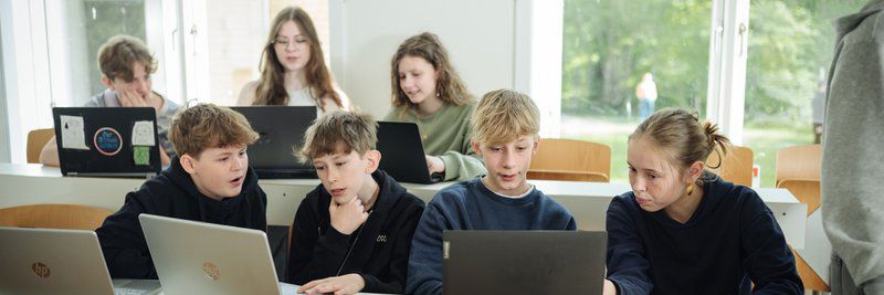 Elever der arbejder sammen ved pc'ere