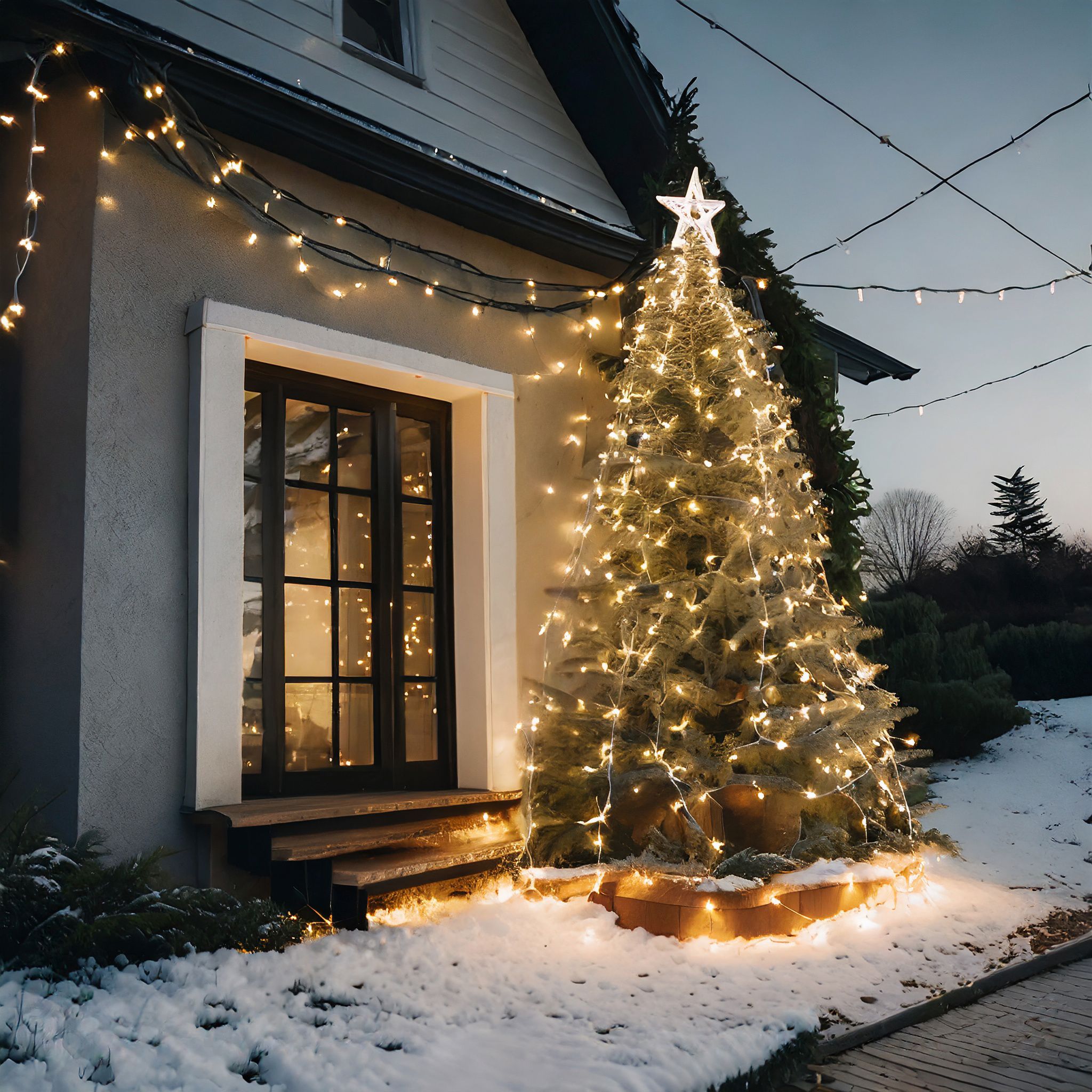 Juletræ med lys i foran hoveddøren til et stort hus. Det er tusmørke og der er sne på jorden.