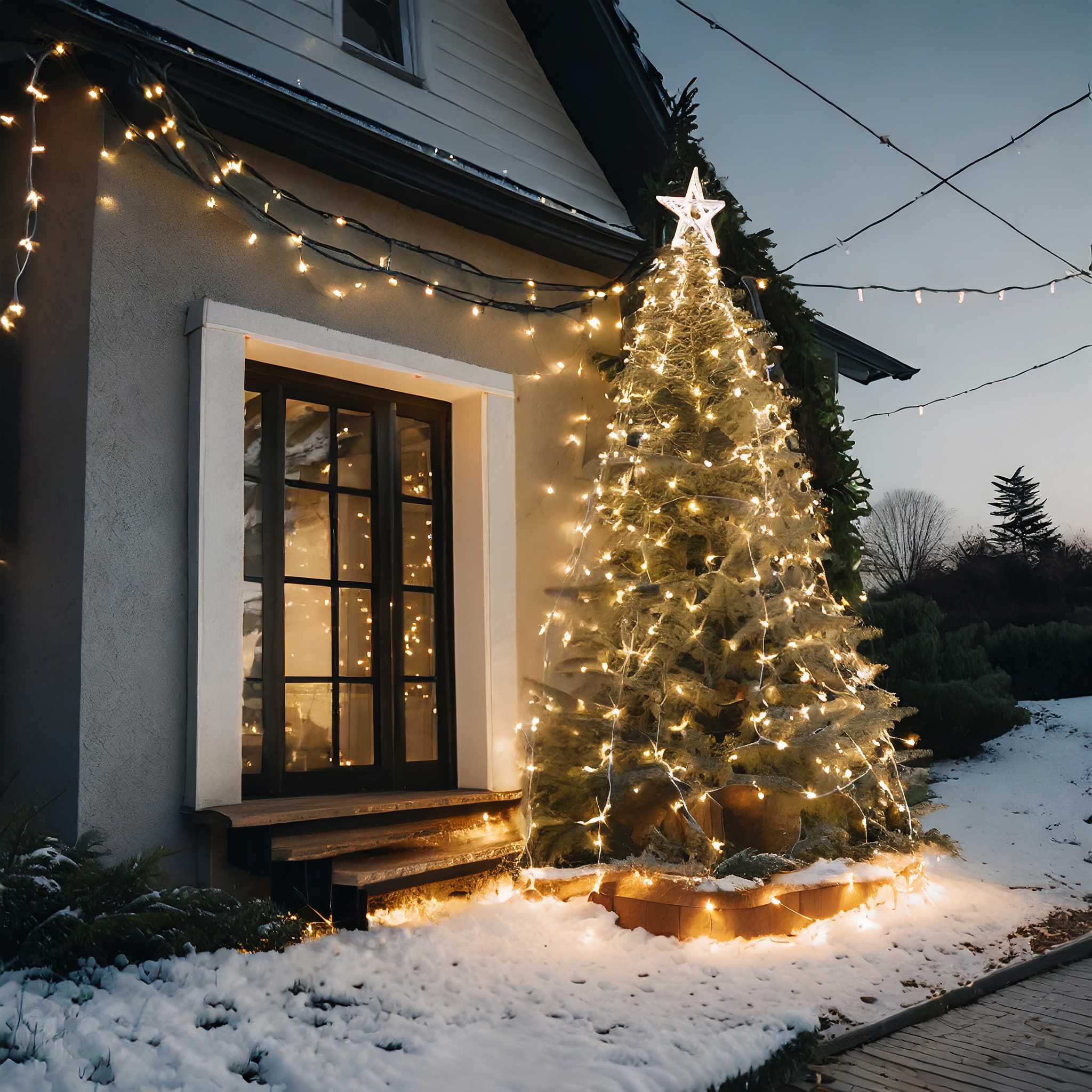 Juletræ med lys i foran hoveddøren til et stort hus. Det er tusmørke og der er sne på jorden.