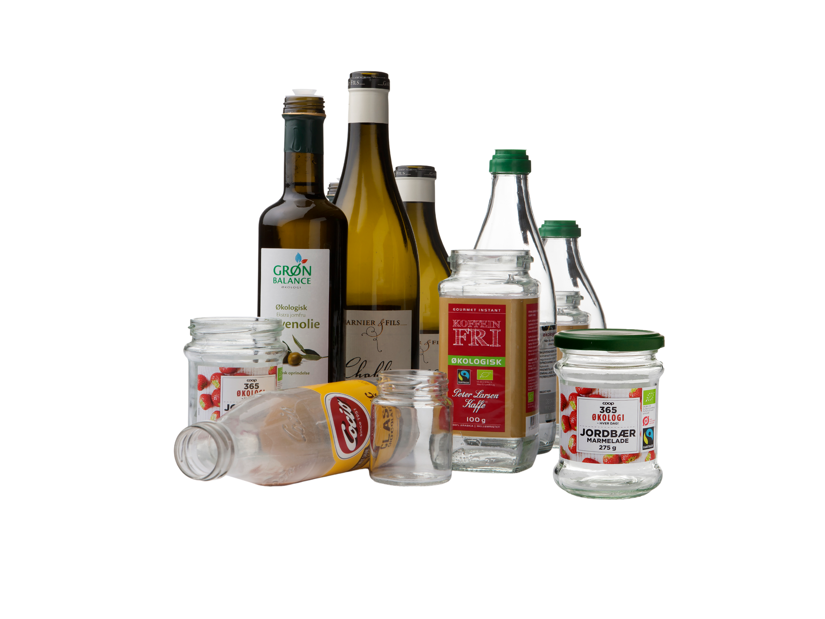 Glasaffald - glasflasker og syltetøjsglas - klar til sortering og genanvendelse.