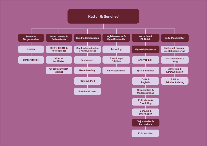 Kultur og Sundhedsforvaltningen består af 6 afdelinger under direktøren: 1: Staben og Borgerservice, 2: Idræt, events og fællesskaber, 3: Sundhedsafdelingen, 4: Vejle  Museerne og Vejle Stadsarkiv, 5: Kulturhus og bibliotek, - herunder Vejle Musik- og Kulturskole, 6: Vejle Musikteater